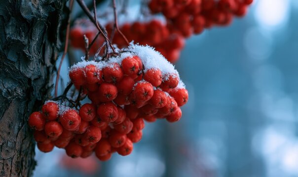 Red berry clusters covered in fresh snow on tree branch, winter background