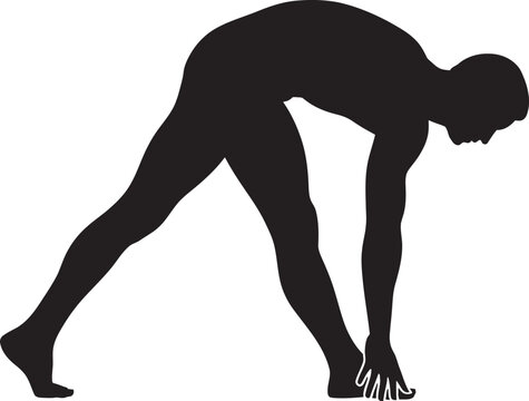 A simple black silhouette illustration of a man performing a standing forward bend exercise to stretch his hamstrings and improve flexibility.