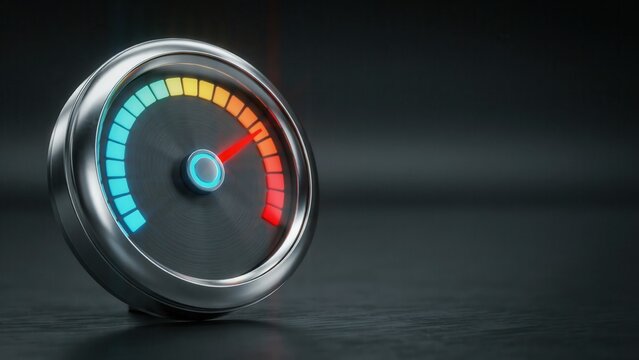A sleek modern circular gauge with a glowing red indicator needle and colorful gradient scale on a dark background. Perfect for risk assessment and performance tracking.