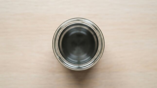Top-down view of an einmachglas leer placed on a light wooden table, showcasing an empty glass container.