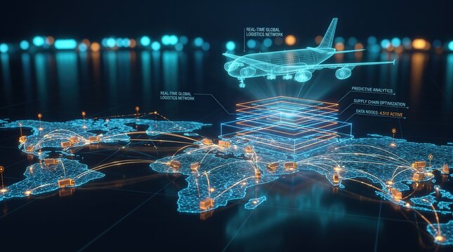 Global logistics network 3D render featuring world map with digital truck and airplane hologram, showcasing predictive analytics and supply chain optimization for freight and trade marketing.