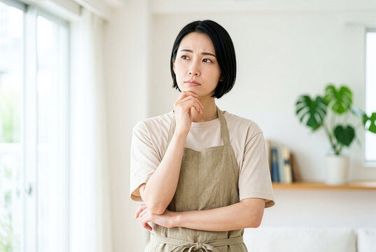 顎に手を添え考え悩むエプロン姿の日本人女性｜料理・献立・家事・思考・キッチン・暮らしのシーン