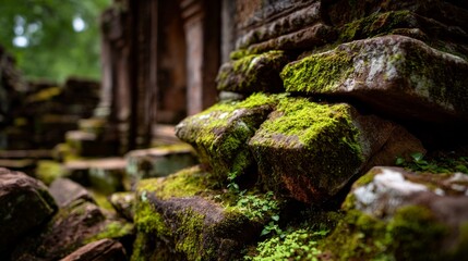 Obraz premium Ancient stone walls inside ta prohm temple with moss covered weathered surfaces and dramatic natural light, historic khmer architecture and cultural heritage in angkor, cambodia