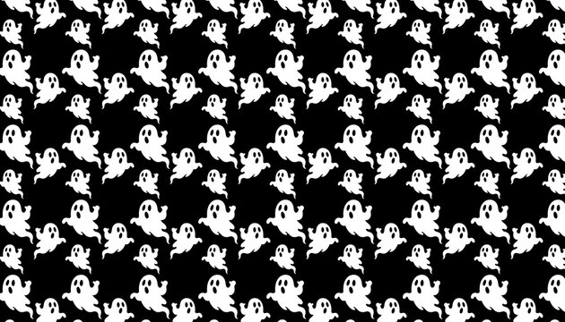 Cute white cartoon ghost seamless pattern on black background featuring repeating spooky Halloween characters for holiday textile, wallpaper, and graphic design projects.