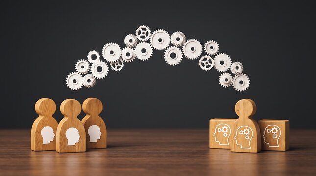 Brainstorming Concept With Wooden Figures And Gear Mechanisms Transferring Ideas