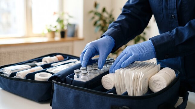 Paramedic restocking medical supplies into a response bag at an ambulance station work bench
