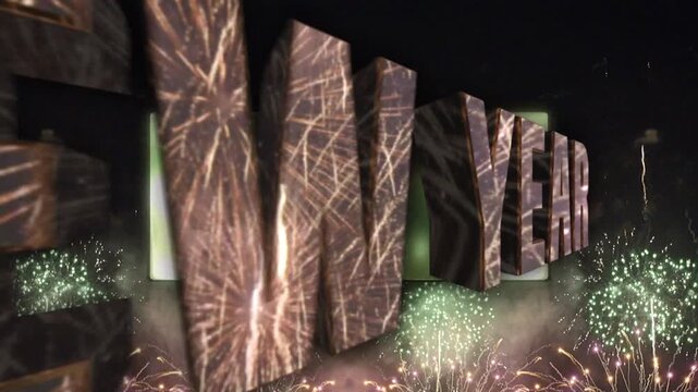 打ち上げ花火が鏡面反射するHAPPY NEW YEARの3Dモーションテキスト