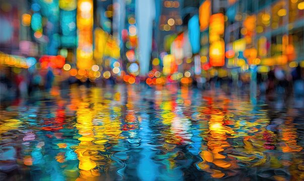 Blurred city lights reflected in a wet street