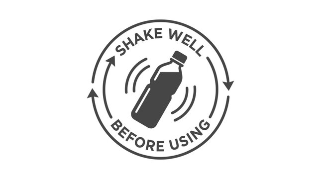 Shake well before using instructional vector graphic icon featuring a dark circular arrows beverage bottle symbol