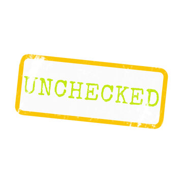 A distressed yellow rubber stamp with the green text UNCHECKED, featuring grungy ink textures for business designs.