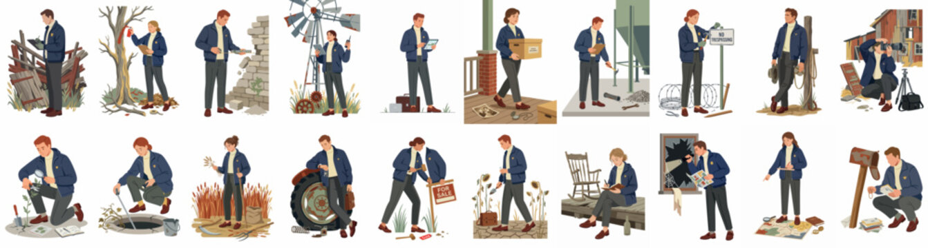A collection of illustrations featuring young people in blue FFA-style jackets engaged in various agricultural and farm-related activities in a rural setting.