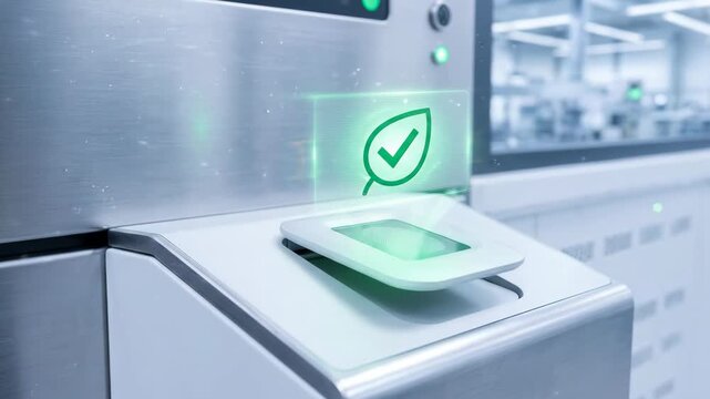 Energy efficient AI biometric finger touch scanner verifies secure access approval with green symbol in modern automated industrial facility