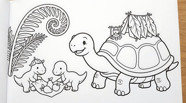 Whimsical hand-drawn cartoon of animals carrying a tiny campsite on a turtles shell