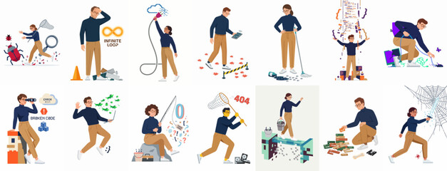 Obraz premium Collection of flat vector illustrations featuring software developers and IT professionals solving technical bugs, managing cloud data, and fixing computer system errors.
