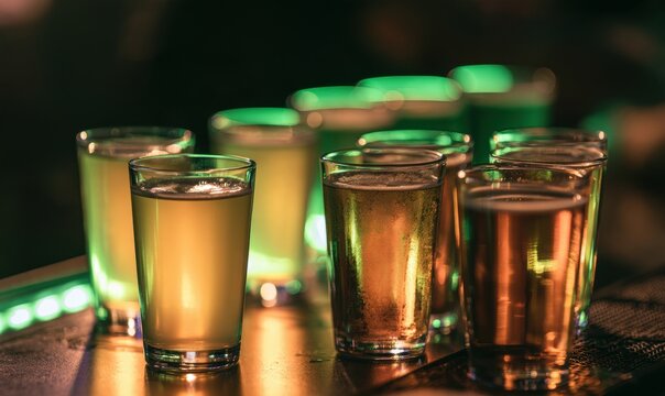 Row of shot glasses with golden liquid on wooden bar