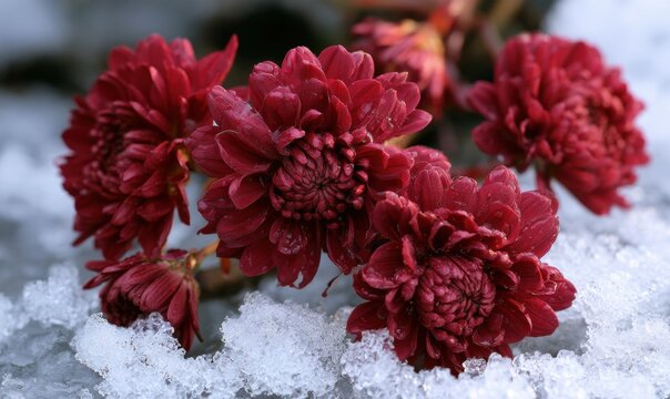 Red chrysanthemums partially buried in snow, showcasing winter resilience