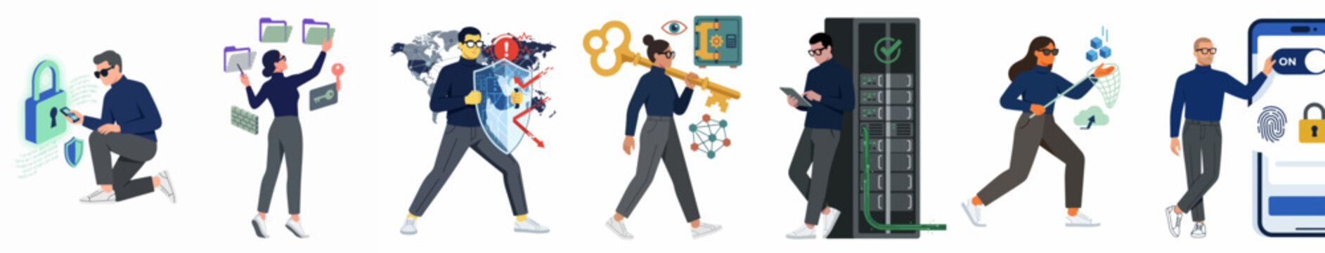 Set of Cybersecurity Illustrations Featuring Characters Managing Data Privacy, Network Security, and Information Protection in a Modern Digital Environment