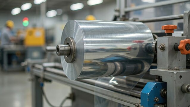 Large roll of shiny metallic film on industrial machinery in a factory setting. Manufacturing and production concept for packaging.