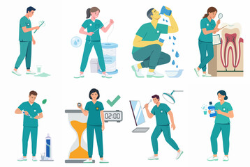 Fototapeta premium Collection of flat illustrations showing dental professionals demonstrating proper oral hygiene practices, including brushing, flossing, rinsing, and regular checkups.