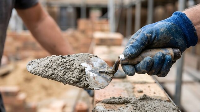 Mason holding trowel with mortar at construction site