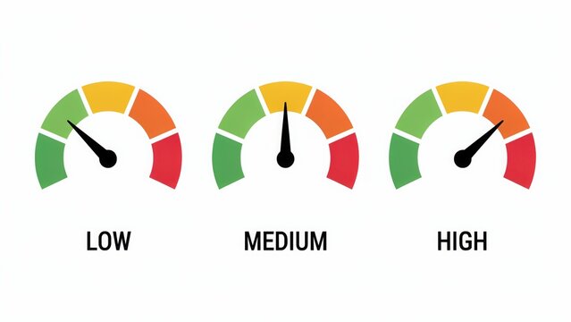Three colorful speedometers showing low medium and high levels isolated on white background. Useful concept for risk assessment and performance tracking.