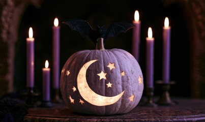 Obraz premium Carved Halloween pumpkin glowing with moon and stars design