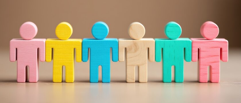 Colorful wooden figurines representing diversity unity and community engagement in a playful setting