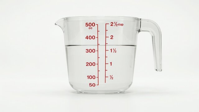 A clear plastic measuring cup filled with water isolated on white background. Useful for cooking and recipe concepts.