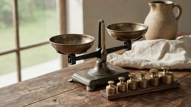 Vintage brass weighing scale with weights on a rustic wooden table in soft morning light. Conceptual image for justice, law, and balance in interior design.