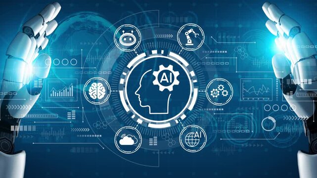 Futuristic Robotic Hands Analyzing Artificial Intelligence Concepts with Digital Interface and Data Graphics, Innovation in Technology and Automation. Entropy.