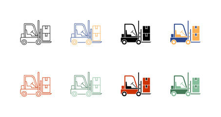 Warehouse Forklift and Pallet Lifting Vehicle Vector Icon Pack Illustration © Nomony_line