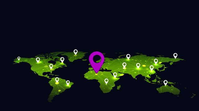 Global world map with glowing GPS location pins and digital network connections, worldwide travel navigation technology concept, animated map background for business
