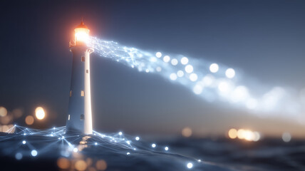 Obraz premium A lighthouse projects a stream of connected light representing digital guidance and intelligent communication networks. 