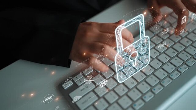 Cybersecurity protection system showing password encryption, fingerprint ID, cloud security, email, credit card, and database lock for secure data access Marrow