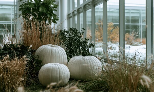 White pumpkins nestled in dry grasses inside a glass greenhouse with snowy outdo