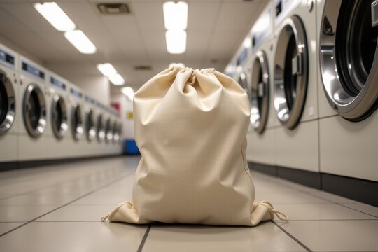 Laundry bag placed on tiled floor between rows of washing machines in laundromat