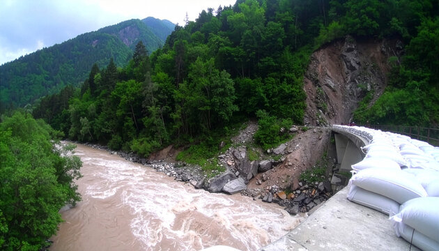 : 山間部の崖崩れ現場と氾濫する茶色い川沿いに積まれた土嚢（土砂災害・通行止め）