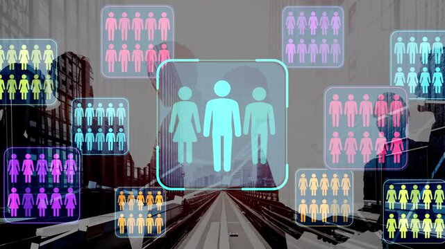 Digital representation of diverse people icons with vibrant colors on a city background showcasing themes of community, connection, and social interaction in modern society. Entropy.