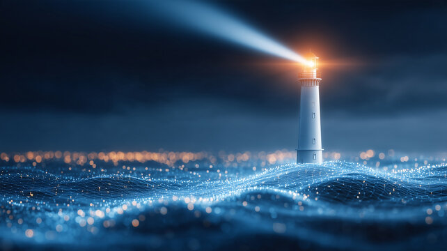 A lighthouse shining over a digital network sea represents guidance and reliable navigation through complex data environments.
