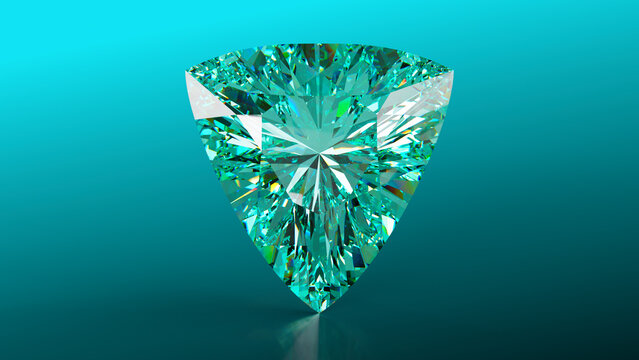 Mint Paraiba Curved Triangle-Cut Gemstone, Brilliant mint Paraiba gemstone in a curved triangle cut, sparkling with vivid aqua and teal facets against a luxurious gradient background.  