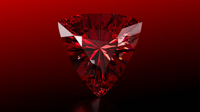 Luxurious red ruby in a curved triangle cut, glowing with brilliant facets against a dramatic dark red and black background.
