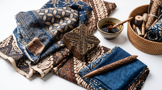 Traditional Indonesian batik fabric patterns featuring blue and brown wax resist designs alongside handmade wooden stamps and copper tools for creating authentic cultural textile art