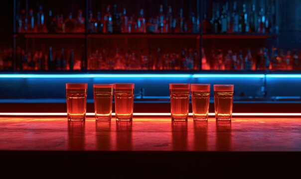 Neon-lit bar scene with shot glasses, glowing shelves, and reflective surfaces