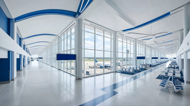 Modern airport terminal hall with empty waiting area and airplane view
