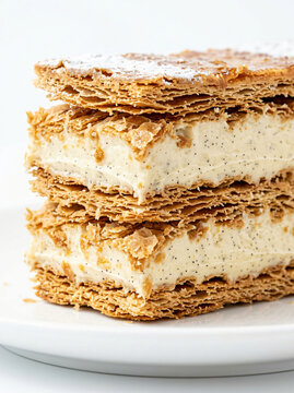 Delicious layered mille-feuille pastry with vanilla cream on a white plate.