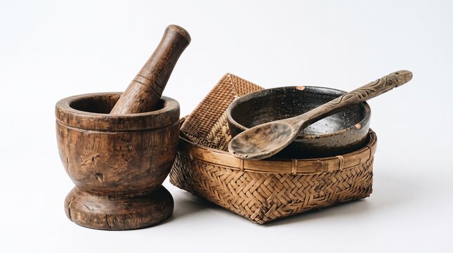 Rustic wooden mortar and pestle set placed beside a small woven bamboo basket with an artisan ceramic bowl and antique carved spoon on white background