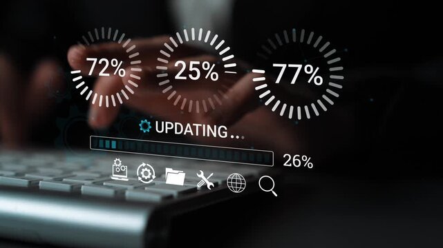 Hands Typing on Keyboard with Data Update Indicators Displaying Progress in Modern Digital Environment for Technology and Business Concepts. Entropy.