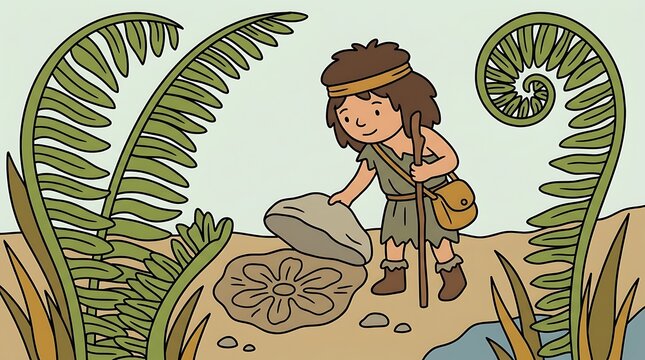 Cartoon prehistoric explorer discovering a stone fossil in a lush tropical jungle setting.