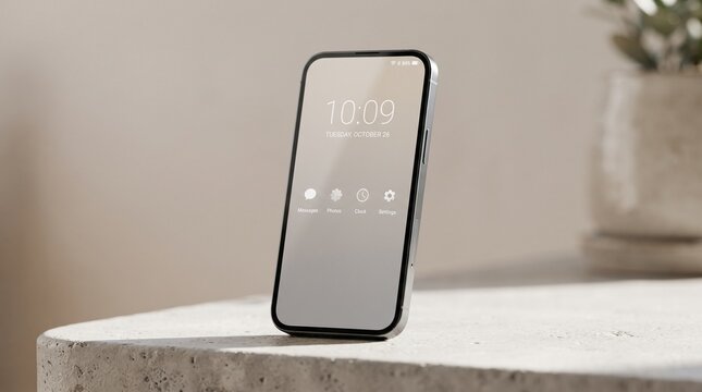 Modern smartphone standing on a textured concrete surface in a minimalist interior setting.