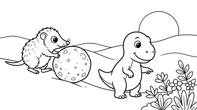 Cute cartoon dinosaur and small mammal pushing a ball in a landscape coloring page